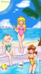 3girls beach big_breasts blonde_hair blooper breasts brown_hair cataquack cleavage color crown daisy_cruiser female female_only hair_over_one_eye large_breasts long_hair luma mario_(series) medium_hair multiple_girls navel nintendo nonude ocean one_eye_closed partially_submerged pool poolside princess_daisy princess_peach princess_rosalina remake remastered shoulder_length_hair super_mario_bros. super_mario_galaxy super_mario_sunshine swimsuit swimwear thighs water wink аанейрбов