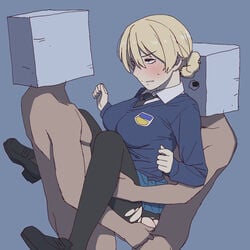 1girls 2boys bangs black_necktie blonde_hair blue_background blue_eyes blue_sweater blush box braid breasts clothed_female_nude_male darjeeling faceless faceless_male female female_focus girls_und_panzer group_sex highres lifted_by_another lifting lifting_person long_sleeves mask multiple_boys necktie object_head onsen_tamago_(hs_egg) pantyhose school_uniform sex sex_from_behind short_hair skirt skirt_lift st._gloriana's_school_uniform straight sweater tie tied_hair torn_clothes torn_legwear twin_braids