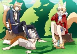 1girls 2boys bangs bare_legs barefoot blonde_hair brown_hair feet female fire_emblem fire_emblem_fates foot_fetish footjob fox_girl kaden_(fire_emblem) kitsune male medium_hair multicolored_hair multiple_boys nintendo oc open_mouth outside penis selkie_(fire_emblem) smile the_dark_mangaka yaoi yellow_eyes