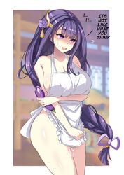 :d after_masturbation apron bad_id bad_pixiv_id bare_arms bare_shoulders blurry blurry_background blush border braid breasts cleavage collarbone covering covering_crotch cowboy_shot depth_of_field eggplant embarrassed english_text female flying_sweatdrops food frilled_apron frills genshin_impact hair_ornament hair_ribbon highres holding holding_food large_breasts line4x long_hair looking_away looking_to_the_side mole mole_under_eye naked_apron nose_blush open_mouth outside_border purple_eyes purple_hair purple_ribbon pussy_juice raiden_shogun ribbon signature single_braid smile solo very_long_hair white_apron white_border