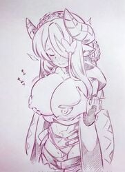 blush braid breast_grab breasts clenched_hand closed_mouth commentary_request draph female grabbing grabbing_from_behind granblue_fantasy hair_ornament hair_over_one_eye highres horns huge_breasts monochrome narmaya_(granblue_fantasy) nipples pointy_ears pussy_juice traditional_media tsukareta_san