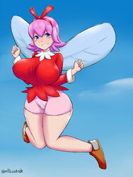 1girls allbeatnik big_breasts blue_eyes breast fairy flying hair_ribbon kirby_(series) kirby_64 light-skinned_female looking_at_viewer nintendo pink_hair ribbon ribbon_(kirby) see-through_panties sky smile solo teeth wings