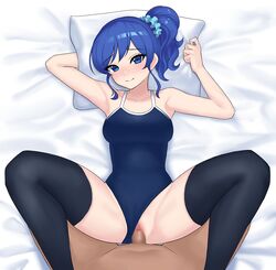 1boy 1girls aikatsu! aikatsu!_(series) aqua_scrunchie armpits arms_up bangs bare_arms bare_shoulders bed_sheet black_legwear blue_eyes blue_hair blue_swimsuit blush breasts censored closed_mouth clothed_female_nude_male clothed_sex clothing_aside collarbone commentary_request competition_school_swimsuit dark-skinned_male dark_skin darkside_ochinpo_burst eyebrows_visible_through_hair feet_out_of_frame female hair_ornament hair_scrunchie high_ponytail kiriya_aoi legs_up light-skinned_female light_skin looking_at_viewer lying medium_breasts missionary mosaic_censoring nose_blush nude on_back penis pillow pillow_grab pov pussy school_swimsuit scrunchie sex short_hair side_ponytail sidelocks smile solo_focus spread_legs straight swimsuit swimsuit_aside thighhighs vaginal_penetration