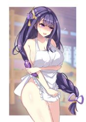 :d absurdres after_masturbation apron bad_id bad_pixiv_id bare_arms bare_shoulders blurry blurry_background blush border braid breasts cleavage collarbone covering covering_crotch cowboy_shot depth_of_field eggplant embarrassed female flying_sweatdrops food frilled_apron frills genshin_impact hair_ornament hair_ribbon highres holding holding_food large_breasts line4x long_hair looking_away looking_to_the_side mole mole_under_eye naked_apron nose_blush open_mouth outside_border purple_eyes purple_hair purple_ribbon pussy_juice raiden_shogun ribbon signature single_braid smile solo very_long_hair white_apron white_border