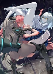 3girls arbiter_(azur_lane) ass azur_lane black_footwear boots breasts chains cleavage colored_skin commission dark-skinned_female dark_skin gangbang grey_hair group_sex highres large_breasts monobe monobe_yuri multiple_girls no_shoes perseus_(azur_lane) pink_eyes pink_hair siren_(azur_lane) siren_compiler_(azur_lane) skeb_commission soles strength_(azur_lane) tribadism very_long_sleeves white_hair white_skin yellow_eyes yuri