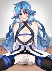 1boy :o argule0901 bad_id bad_pixiv_id bangs bar_censor black_legwear blue_hair breasts censored cleavage clothed_female_nude_male clothed_sex clothing_aside cowgirl_position criss-cross_halter cum cum_in_pussy female grey_background halterneck head_tilt heart highres huge_breasts long_hair looking_at_viewer mahou_tsukai_to_kuroneko_no_wiz male nereis_(mahou_tsukai_to_kuroneko_no_wiz) nude o-ring open_mouth overflow panties panties_aside parted_bangs penis pussy sex simple_background spread_legs straddling straight thighhighs underwear vaginal_penetration white_panties yellow_eyes