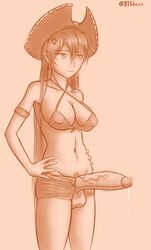 1futa azur_lane balls big_penis bikini booty_shorts bt5 clothed clothing erection futa_only futanari hat human jean_bart_(azur_lane) light_skin long_hair monochrome mostly_nude pale_skin penis precum shorts solo standing