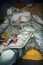 after_sex alone bite_mark bite_marks biting_nipple blood blood_stain blue_hair breasts breasts_apart breasts_out_of_clothes brutal cells_at_work_code_black censored cero320 clitoris colored_skin corpse dead death defeat empty_eyes female female_death goopy guro hataraku_saibou hataraku_saibou_black highres large_breasts lifeless light_blue_eyes light_blue_hair long_hair lying lying_on_back mosaic_censoring mouth_open nipple_biting nipples on_back pants_rip peeing peeing_self perky_nipples snuff solo tear_streaks tears_in_eyes u-1196 very_long_hair white_blood_cell_(hataraku_saibou) white_body white_clothing white_skin white_uniform