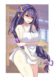 :d after_masturbation apron bad_id bad_pixiv_id bare_arms bare_shoulders blurry blurry_background blush border braid breasts cleavage collarbone covering covering_crotch cowboy_shot depth_of_field eggplant embarrassed female flying_sweatdrops food frilled_apron frills genshin_impact hair_ornament hair_ribbon highres holding holding_food large_breasts line4x long_hair looking_away looking_to_the_side mole mole_under_eye naked_apron nose_blush open_mouth outside_border purple_eyes purple_hair purple_ribbon pussy_juice raiden_shogun ribbon signature single_braid smile solo very_long_hair white_apron white_border