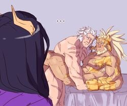 ... 2boys abs absurdres anal bara beard blonde_hair blush caught character_request completely_nude dark-skinned_male dark_skin dragon_boy dragon_horns facial_hair fagan_(puzzle_and_dragons) father_and_daughter female gauntlets ghangaji highres horns interracial large_pectorals looking_at_another lying male male_focus male_only mature_male muscular muscular_male nipples nude old old_male on_back on_bed pectorals puzzle_&_dragons scales sex short_hair thick_thighs thighs white_hair wrinkled_skin yaoi