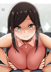 1boy 1girls big_breasts black_hair blush breasts covered_paizuri eye_contact female female_focus heavy_breathing long_hair looking_at_viewer my_senpai_is_annoying paizuri paizuri_under_clothes sakurai_touko senpai_ga_uzai_kouhai_no_hanashi shokan_(pixiv61462319) smile