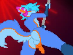 4:3 anthro ass balls big_ears big_tail blue_body blue_fur blue_hair canid canine canis dancing digital_media_(artwork) eyeless faceless_character femboy flat_colors foreshortening fur genitals hair hi_res knot knotted_penis low-angle_view male mammal penis pixel_(artwork) pole pole_dancing short_hair simple_background solo spotlight standing stripper stripper_pole tail tide_wolfia tide_wolfia_(character) wolf