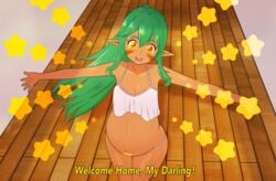 1girls arms_out belly bloated_belly celline_(riley_moore) elf female glowing_markings green_hair happy orange_eyes petite pregnant riley_moore_(artist) shorter_female tan tattoo wholesome wife