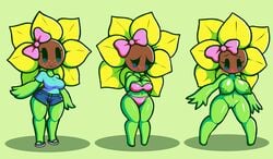 2018 anthro bikini blush blushing_profusely bow breasts clothed embarrassed embarrassed_nude_female enf female female_focus female_only flora_fauna flower green_background hands_on_breasts happy looking_down naked navel nipples nude nude_female nudity petal_(screwroot) pink_bikini plantie pussy screwroot smile standing sunflower unhappy