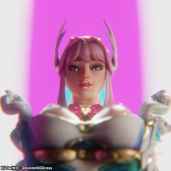 3d 3d_(artwork) big_breasts big_lips blender blender_(software) breast_squeeze breasts_out chromatic_aberration cosplay dokiwatch freja_(overwatch) greengrass half-dressed heart_of_courage_freja long_nipples looking_at_viewer magical_girl makeup meme meme_reference overwatch overwatch_2 pink_hair purple_eyes render seductive seductive_look seductive_smile self_upload simple_background smiling smiling_at_viewer tagme