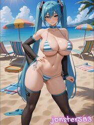 1girls 3d 3d_animation 3d_model ai_generated beach bikini bikini_top blue_bikini blue_body blue_eyes blue_hair dance dancer hat_only jonster583 miku_hatsune solo solo_female solo_focus tagme video