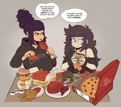 2girls beehive_hairdo clothed command_grab crossover disappointed eating english_text female female_only food fried_chicken hamburger large_breasts mukbang multiple_girls nuclearwasabi original pizza pizza_thot purple_hair speech_bubble tottie_(gats)