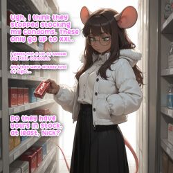 ai_generated ambiguous_gender anthro bangs brown_fur brown_hair condom_too_small condoms cute cute_face dialogue disappointed_look furry glasses green_eyes holding_object long_hair mouse mouse_ears mouse_girl mouse_tail oc original_character penny_(velix5) pouting size_talk skirt solo_female store text velix5