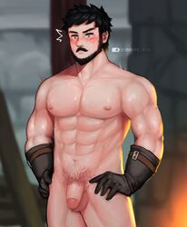 1boy ^^^ abs bara barra.kun.7 beard black_eyes black_hair blacksmith blurry blurry_background blush brown_gloves closed_mouth commentary completely_nude cowboy_shot embarrassed facial_hair flaccid genshin_impact gloves hands_on_hips highres large_pectorals male male_focus male_only male_pubic_hair mature_male motion_lines moustache muscular muscular_male navel navel_hair nipples nude pectorals penis pubic_hair short_hair solo stomach symbol-only_commentary thighs uncensored v-shaped_eyebrows wagner_(genshin_impact) wide-eyed