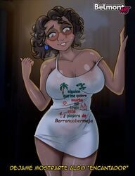 1girls artist_name belly belmont big_breasts breasts brown_hair character_name colombian_female copyright_name curly_hair curvy disney earring earrings encanto exhausted glasses latina mirabel_madrigal nipples nude pubic_hair pussy see-through_shirt smile solo solo_female spanish_text straight_hair sweat sweating