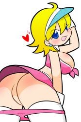 1girls :d ass big_breasts blonde-haired_female blonde_female blonde_hair blue_eyes breasts crop_top earrings eyebrows eyebrows_visible_through_hair happy heart judy_(pop'n_music) legwear light-skinned_female light_skin looking_at_viewer no_pussy null nyako_gs open_mouth open_smile panties panties_down pink_panties pink_skirt pop'n_music simple_background skirt sleeveless smile tasteful_nudity thighhighs upskirt white_background white_legwear white_thighhighs wristband