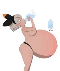 bea_(pokemon) belly belly_expansion big_belly bloated bloated_belly breasts drinking expansion grey_hair inflated_belly inflation liquid_inflation nipples pokemon pokemon_ss shab-eru stretch_marks stuffed_belly stuffing water water_inflation