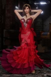 3d 3d_(artwork) 3d_model 3d_render aerith_gainsborough_(cosplay) armband arms_up asian asian_female black_hair cleavage deviantart deviantart_logo dress earrings elegant elegant_dress final_fantasy final_fantasy_vii final_fantasy_vii_rebirth final_fantasy_vii_remake fit fit_female high_heels highres jewelry long_hair long_skirt necklace outside posing posing_for_the_viewer red_dress red_eyes tifa_lockhart w1lson82 watermark