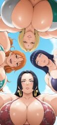 4girls ai-created ai_generated artist_request bare_shoulders big_breasts bikini_top black_hair blonde_hair boa_hancock breasts busty clothing crossover curvaceous curvy_figure day earrings female female_only hi_res highres huge_breasts hyuuga_hinata large_breasts light-skinned_female long_hair looking_at_viewer looking_down male_pov mature mature_female mature_woman mischievous_smile nami_(one_piece) naruto_(series) naruto_shippuden naughty_face one_piece open_mouth orange_hair outdoors outside pov pov_eye_contact sky stable_diffusion tsunade upper_body