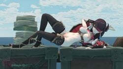 beidou_(genshin_impact) breasts brown_hair female female_only genshin_impact hair_ornament hanabi3d laying_on_side legs legwear pirate pussy sea ship