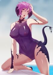 1girls 2d 2d_(artwork) abs au_ra final_fantasy final_fantasy_xiv full_body horn huge_breasts kairos+ large_breasts nipples open_mouth pink_hair puffy_vulva pussy see-through see-through_clothing short_hair sin_faye solo stomach swimming_pool swimsuit tail thick_thighs thighs tight_clothing wet xaela