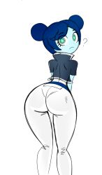ass ass_focus blue_hair blue_skin bodysuit butt_crack butt_focus colored colored_sketch colored_skin confused confused_expression confused_face double_bun epic_games explorer_luna exposed_ass female female_only fortnite fortnite:_battle_royale freckles freckles_on_face from_behind fully_clothed hair_buns jacket looking_at_viewer looking_back question_mark simple_background simple_shading solo solo_female star_pupils thicc tight_clothing white_background