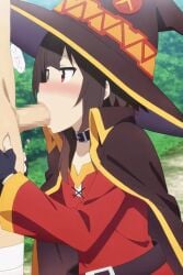 1boy 1girls ai_generated animated blowjob blowjob_face blush brown_hair clothed female hat kono_subarashii_sekai_ni_shukufuku_wo! male medium_hair megumin small_breasts sucking sucking_penis