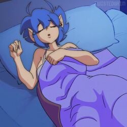 1:1 1girls 2d alternate_version_available animated bare_shoulders big_breasts blue_hair cold emi_(twistedgrim) female female_focus female_only hot huge_breasts large_breasts light-skinned_female light_skin long_hair lying medium_hair no_sound on_bed original original_character pajamas panties pointy_ears sheets sleeping tank_top twistedgrim video
