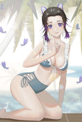 alternate_costume big_breasts bikini black_hair blue_bikini butterfly butterfly_hair_ornament cleavage demon_slayer female female_only frilled_bikini frills hi_res kimetsu_no_yaiba kneeling kochou_shinobu looking_at_viewer messy_hair pale-skinned_female pale_skin palm_tree purple_eyes side-tie_bikini smile solo swimsuit two_tone_hair underboob very_high_resolution yuhang