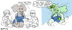 1girls animate_inanimate big_breasts bong cleavage cloud dialogue drugs english_text oc on_knees oofrowdy overalls overalls_only personification sunny_(oofrowdy) tagme text
