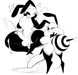 1boy 1futa abdomen antennae antennae_(anatomy) anthro ass backsack balls bee big_balls big_butt black_eyes blush breasts cum cumming erection excessive_cum eyelashes futanari heart huge_balls huge_cock huge_thighs insects long_eyelashes male penis puppysnackz stinger thighs throbbing throbbing_penis veiny_penis