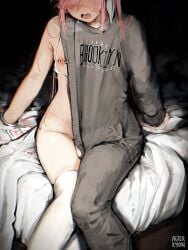 1femboy after_ejaculation after_sex alterkyon asymmetrical_clothes balls balls_peek bed blush brooklyn_sweater cross_scar cum cum_in_clothes cum_through_clothes femboy handcuffs heavy_breathing knees_together_feet_apart magicorps_(alterkyon) male_nipples meme meme_attire nipple_peek nipple_piercing on_bed onesie panting pierced_nipples pink_hair scar scar_on_nose solo tadakuni_(alterkyon) thighhighs used_condom white_thighhighs