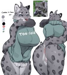 2025 absurd_res anthro anus big_breasts biped blue_eyes blush bottomless bottomless_anthro bottomless_female breasts buta99 clothed clothed_anthro clothed_female clothing color_palette digital_drawing_(artwork) digital_media_(artwork) felid feline female front_view fur genitals grey_body grey_fur grey_spots grey_tail hi_res inner_ear_fluff mammal markings pantherine partially_clothed partially_clothed_anthro partially_clothed_female rear_view reference_image snow_leopard solo spots spotted_body spotted_fur spotted_markings spotted_tail tail tail_in_mouth tail_markings teeth topwear topwear_only tuft vulva white_background