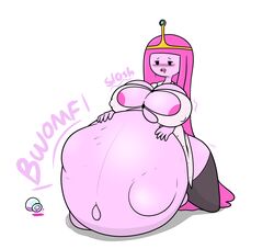 adventure_time areola_slip areolae belly big_belly blush breasts drool erect_nipples female fetal_movement hand_on_belly huge_belly hyper_pregnancy nipple_bulge open_mouth pink_hair pink_skin pregnant princess_bubblegum saliva whispnslime