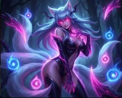 1girls ahri animal_ear_fluff animal_ears arm_gloves artist_request bare_shoulders breasts character_fusion claws cleavage cleavage_cutout clothing_cutout evelynn female female_only fox_ears fox_tail gloves glowing glowing_eyes league_of_legends medium_breasts navel navel_cutout riot_games silver_hair solo source_request standing tagme tail tails white_fur