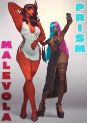2d 2girls blue_hair blue_lipstick dark-skinned_female dark_skin demon demon_girl demon_horns dispatch_(game) dress elegant_dress empty_eyes english_text female female_only heels hi_res high_heels horns long_hair malevola_gibb muscle_mommy muscular muscular_female orcbarbies phone pointy_ears prism_(dispatch) purple_hair red_skin selfie simple_background stockings text tinted_eyewear two-tone_hair visor yellow_eyes