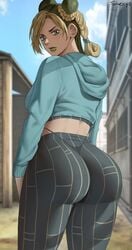 1girls 2020s 2021 artist_signature ass ass_focus ass_shot back back_view bubble_butt clothed clothed_female dat_ass female female_only female_protagonist green_eyes hi_res hoodie huge_ass jacket jojo's_bizarre_adventure jolyne_kujo lipstick long_hair long_sleeves panties pantylines shexyo shounen_jump stone_ocean thong_above_pants thong_straps tight_clothing tight_fit tight_pants