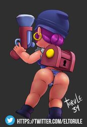 1girls ass ass_focus back bottomless box brawl_stars butt clothed clothing ear_ring earrings female female_focus female_only from_behind full_body gun half-dressed hat hips light-skinned_female light_skin panties partially_clothed pattern_clothing pattern_underwear penny_(brawl_stars) pigtail pirate purple_hair rear_view shimapan simple_background solo solo_female solo_focus standing striped_panties supercell tied_hair torn_shirt torule34 treasure_chest underwear weapon