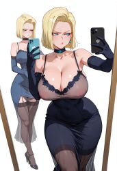 2girls ai_generated android android_18 blonde_hair blue_eyes dragon_ball dress huge_breasts lewdwaifulaifu mirror mirror_selfie slim_waist