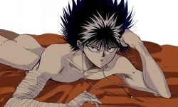 1boy ass bandaged_arm bandages black_hair closed_mouth dated hand_on_own_head hiei4455 hiei_(yu_yu_hakusho) highres jewelry lying male_focus necklace nude on_stomach red_eyes short_hair solo spiked_hair third_eye yu_yu_hakusho