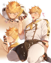 >_o 2boys alternate_costume apron bar_censor bara black_apron blonde_hair blush bulge censored chef_uniform cum cum_in_mouth cum_on_body cum_on_boy cum_on_clothes cum_on_pectorals erection erection_under_clothes facial fellatio granblue_fantasy green_eyes higashigunkan kneeling licking licking_penis male_focus male_only multiple_boys multiple_views one_eye_closed open_mouth oral pectorals penis pov short_hair sideburns sitting thick_thighs thighs vane_(granblue_fantasy) waist_apron white_background yaoi