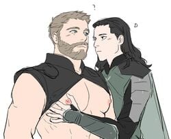 2boys adoptive_siblings bare_chest beard chris_hemsworth facial_hair gay human human_only light-skinned_male light_skin loki_(marvel) male_only marvel marvel_cinematic_universe muscular_male nipples step-incest thor:_ragnarok thor_(marvel) thor_(series) tom_hiddleston yaoi