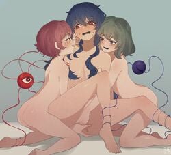 3girls ass bangs barefoot blue_background blue_eyes blue_hair blush breasts bright_pupils cheek_pinching commentary_request completely_nude eyebrows_visible_through_hair feet_out_of_frame fff_threesome fingering girl_sandwich green_hair group_sex hair_between_eyes hair_censor kneeling koishi_komeiji long_hair looking_at_another multiple_girls no_hat no_headwear nose_blush nude open_mouth pinching pink_eyes pink_hair profile sandwiched satori_komeiji shimaidon_(sex) short_hair siblings sidelocks simple_background sisters small_breasts sokura_(mochichitose) spread_legs tenshi_hinanawi third_eye threesome touhou white_pupils yuri