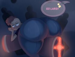 ass big_ass big_butt blush blushing bottom_heavy clothed crystal_gem dark_background dark_hair dialogue femboy gay heavy heavy_object huge_ass lars lars_barriga male_butt male_focus male_only red_hair robot smother smothering soubarlikesu steven_universe thick_thighs thighhighs thighs wide_hips