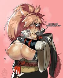 1girls baiken big_breasts blush eye_patch facial_tattoo female female_focus female_only guilty_gear guilty_gear_strive huge_breasts japanese_clothes krekk0v nipple_bar nipple_piercing no_bra obi one-eyed pink_hair solo sweat sweaty_breasts unaligned_breasts